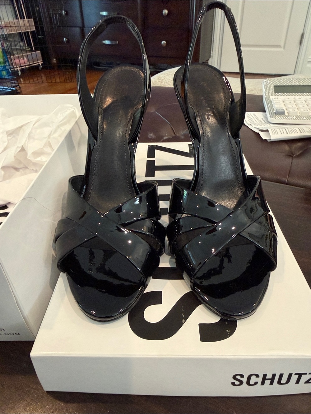 SCHUTZ Black Patent Crisscross Slingback Heels